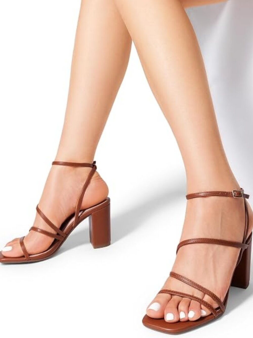 Women's Heels Chunky Block Strappy Square Open Toe Ankle Buckle 3.15 Inch Heeled
